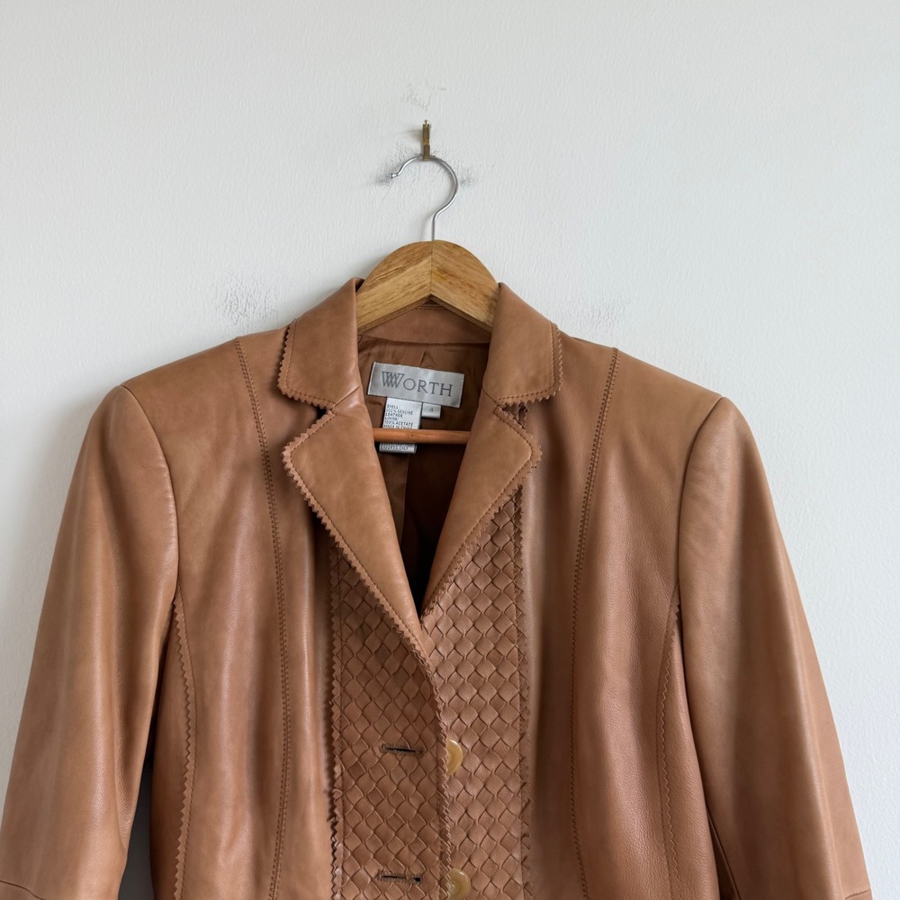 Vintage Y2K Worth Genuine Leather‎ Woven Belted Blazer Jacket - Picture 4 of 10